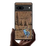 Carveit 木製 カバー 対応 Google Pixel 8 ケース, 手でインレイ/象嵌 綺麗な貝張り+ブラックソフトTPU 内部シェル, 耐衝撃 ピクセル 8 ケース（6.2インチ）, 対応 ワイヤレス充電器 Pixel 8 保護 カバー レーザーアート彫刻 グーグルピクセル 8 ウッド ケース (ウォールナット- 鹿と川)