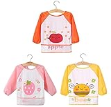 ベビー 赤ちゃん 食事用 防水 エプロン 長袖 3枚 セット ポケット 付 生き物 ＆ フルーツ (イチゴ ハチ リンゴ)