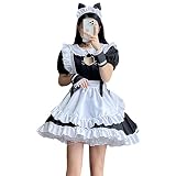 [YUEEI] メイド服 猫 胸空き レース コスプレ ハロウィン 仮装 ロリータ ワンピース 半袖 可愛い パーティー イベント カチューシャ 演出服 ニーハイソックス付き 5点セット (XL, ブラック)