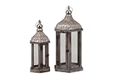 Benzara Wooden Lantern with Beautifully Elaborated Metallic Roof, Set of 2 by Benzara