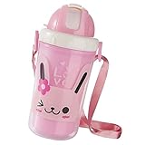 【ノーブランド品】 300ml　ベビー　キッズ　ウォーターボトル　ストローカップ　水筒 　マグボトル　ストラップ　携帯便利　全3色 - ピンクのうさぎ