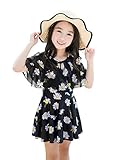 HIMOE 水着 女の子 花柄 ワンピース風 2点セット キッズ水着 スクール水着 スイムウエア 撮影服 紫外線対策 UVカット (Mサイズ（身長：85-100cm）)