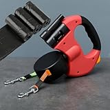 HAKONA 犬 リード 伸縮ダブルリード 犬猫 2頭引きリード3m伸びるリード ledライト付きリード 大型犬中型犬小型犬のリード2匹 ゴミ袋付き調節可能散歩 ペットリード 360°回転絡まない多頭飼い リード 反射 ジョイントリード自動巻き取り式犬用リード(レッド)