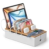 Pezin & Hulin 充電ステーション オールデバイススタンド 置台 竹製 8台収納タイプ スマホ/タブレット/スマートウォッチ/イヤホンなどに対応 ナチュラルとホワイト Ｓサイズ28x15x13.1cm（ご注意：本製品はコンセント/充電ハーバなどは含まれません、別途購入が必要です）