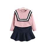 Mayababy 子供服 ワンピース ガールズワンピース キッズスーツ 韓国スタイル セットアップ スカート ブラウン 2点セット 長袖 コットン 上下セット かわいい丸首 セーラー襟 学園風 入学式