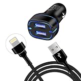 シガーソケット USB カーチャージャー USB-A 2ポート【車載充電器 ライトニングケーブル付き 1.8m】ソケット ライトニング 充電 超小型 軽量 車 充電器 iphone シガーソケット 急速充電セット しがーソ ケット コンパクト iPhone 14/14 Pro/13/13 Pro /12/11/XS/X/8,Android各種対応 ブラック