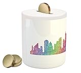 シカゴスカイラインPiggy Bank by Ambesonne、抽象City Scene In MixedレインボーTonesモダンFeatured Artful Kitsch、印刷セラミックコイン