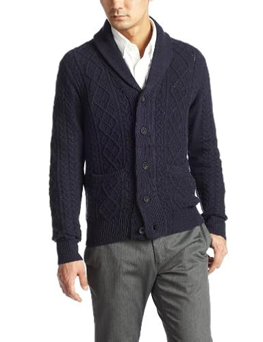 Silk Shawl Collar Aran Cardigan 13080312002810: Navy
