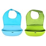 Waterproof Silicone Roll Up Bib with Food Catcher Pocket for Baby & Toddlers baby bibs. Wipe Clean E