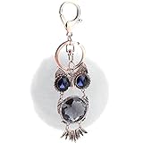 女性ファッション小物　ハンドバッグペンダント　合金のフクロウの人造毛皮の　ふわふわのポンポンボールキーホルダー　キーリング　ホワイト