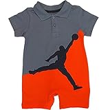 NIKE(ナイキ)エア・ジョーダン Air Jordan 男の子用グレーxオレンジx黒エアジョーダンジャンプマン刺繍ロゴ入り半袖襟付きポロロンパース (6-9months（身長約70-75cm）) [
