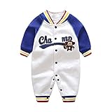 AIKSSOO ベビーロンパース 春秋 長袖 男の子 防寒 前開き おしゃれ 英字 スポーツ ギフト お呼ばれ size 59 (ブルーと白)