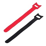 収納バンド ケーブル結束 バンド マジックテープ ケーブル/コード/配線等収納 繰り返し利用可能 家庭用/事務用/固定用穴通し式 フック＆ループ ５本入り(赤)