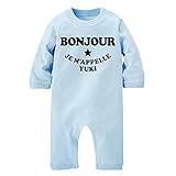 名前入り ボンジュール/BONJOUR 長袖 ロンパース [LR462] 70cm ライトブルー×ブラックロゴ 出産祝い 誕生日 プレゼント おしゃれな 名入れ ベビー服