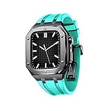AEMALL Apple Watch Band 45mm 44mm modキットアクセサリーのシリコンウォッチバンドメタルケースiwatch用ウォッチバンド SE/4/5/6/7ツール付きシリーズ (Color : Black Lake green, Size : 44MM FOR 6/5/4/SE)