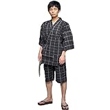 [ 京都きもの町 ] メンズ 甚平 綿100% 2.墨黒グレー格子 Lサイズ