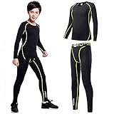 [Nesseo] キッズ コンプレッション ウェア 上下セット スポーツ インナー シャツ タイツ 保温 [吸汗速乾・加圧保護] 3273+3339 ブラック・グリーン 140