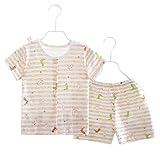 ［Tiny＆Cute］ベビー用パジャマ　半袖　キッズ　上下2点セット　男女兼用　ルームウェア　部屋着　寝間着　薄手　綿100%　　前開き　80cm　90cm　 (茶色_ストラップ, 90cm)