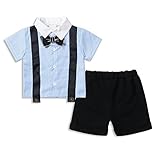 ベビー ボーイズ 半袖 フォーマル スーツ 男の子 上下 2点 セット ネクタイ サスペンダー 子供服 七五三 結婚式 発表会 (110, ブルー)