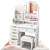 ドレッサー コンパクト 白 3色LED ライト 収納沢山 化粧台 鏡台 メイク台 幅80 ホワイト 姫系 スツール 付き (d002)