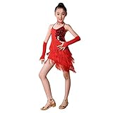 女児 ラテンダンス 練習 演出服 社交ダンス衣装 フリンジ スパンコール コスチューム ラテンダンス衣装 ドレス ネックレス アームカバー 3点セット (150, レッド)