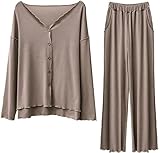 [Hotvivid] ルームウェア レディース モダール生地 長袖 薄手 Vネック 上下セット ゆったり 前開き 春 夏 秋 冬 部屋着 フリーサイズ