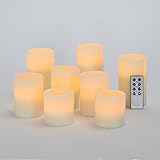 Variety Set of 8 Flat Top Flameless Cream Wax Pillar Candles with Warm White LEDs, 8 Function Remote
