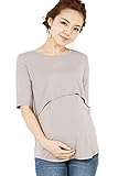 Sweet Mommy なめらか竹繊維 レイヤード 授乳トップス Tシャツ 5分丈 長め丈 バックロング シンプル 授乳服 マタニティ 産前産後 ／LL／グレージュ
