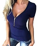 【Smile LaLa】 レディース Tシャツ トップス 半袖 セクシー おしゃれ 無地 夏 ゆったり 大きい サイズ (ブルー, S)