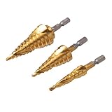 【最高級ＨＳＳ】　切削性能抜群！ HSS（ハイス） チタンコーティング　スパイラルステップドリル（六角軸）3pcsセット タケノコドリル　ステンレス対応