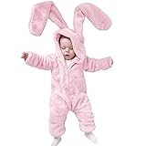 Ochine　もこもこ　ウサギ　大きな耳　フード付きロンパース　フランネル製　保温　カバーオール　ジッパー　ピンク　新生児服　子供服　男の子　女の子　長袖　無地タイプ　 0-3歳設定