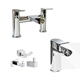 Lou Bathroom Taps - Chrome Waterfall Basin Mixer, Bath Filler Mixer & Robe Hook LOU0103