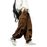 [foveitaa] ズボン カーゴパンツ コーデュロイ ロングパンツ メンズ オーバーサイズ ワイドパンツ リラックスパンツ ガウチョ スウェット スポーツ アウトドア 調整紐 ウエストゴム 人気 無地 春服 秋服 冬服coffee-L