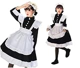 [JUNDOMECY] メイド服 コスプレ 長袖 メイド ワンピース クラシック 可愛い コスチューム エプロン カチューシャ 黒 白 大きいサイズ 英国風 フリル 衣装 ハロウィン 文化祭 (M)