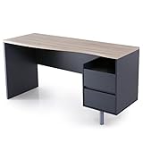 パソコンデスク 北欧 デザイン リアル木目 収納 チェスト 引き出し2杯 スライドレール 幅150cm グレーxオーク