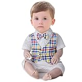 ARAUS　子供　ベビー　シャム服　紳士服　洋服　ロンパース　帽子　チェック　蝶ネクタイ付き　幼児用　子供　男の子　春　夏　2セット（ロンパース+帽子）（3－18ヶ月用） (3－6ヶ月, カラーチェッ