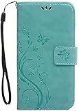 かんたんスマホ3 ケース 手帳型 A205KC カバー 緑 グリーン 蝶 バタフライ (かんたんスマホ3/A205KC, アクアグリーン)
