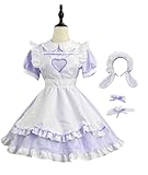 [YZZYQQ] メイド服 コスプレ かわいい コスチューム セット 仮装 初心者 セット メイド服 人気 ウェイトレス 半袖 可愛い ロリータ パープル L