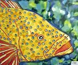イエロー点線魚装飾セラミック壁アートタイル4 x 4