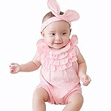 Mikistory ベビー服 新生児 女児 夏 出産祝い 女の子 子供服 綿100% ジャガードコットンボディースーツ幼児 夏の花袖歩くと登るかわいいプリンセスシャツラウンドネックレースボディスーツ 