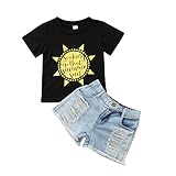 Tシャツ + デニムパンツ 女の子 夏服 ラウンドネック 半袖トップ 英字パターン サンプリント Tシャツ ショーツ ポケット付き 子供服 80 90 100 110 120（12-24ヶ月2-5歳）