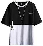 [AYISTELU] カラーブロック Tシャツ メンズ 半袖 ゆったり おしゃれ カットソー tシャツ 大きいサイズ 通気 快適 トップス (ブラック, XL)