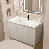 Anfiodas洗面化粧台 洗面台 一式 手洗い器 洗面台 洗面台 排水栓 セット 洗面ボウル 洗面所 収納 キャビネット 開き戸 自立型 大容量 手洗い器 陶器製 防水 錆びず おしゃれ 洗面ボール 排水口 & 温水・冷水栓付 浴室洗面台用 屋外屋内 流し台 (90*47*80cm)