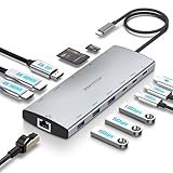 ドッキングステーション 3画面出力 (12-in-1, Triple Display) RSHTECH USB-C ハブ 2 HDMI＋DP 最大4K@60Hz 出力 MST機能 PD対応 100W 給電 USB A&C 3.2 10Gbpsデータ転送ポート 1Gbpsイーサネットポート TF＆SDカード スロット搭載 MacBook/ThinkPad/Dellなどに対応