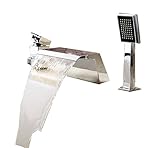 EyekepperデッキマウントセラミックバルブContemporaryソリッド真鍮バスルームバスタブ蛇口with Pull Outハンドヘルドヘッドミキサータップクローム仕上げステンレススチールロー