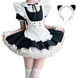 [AOTYP] メイド服 コスプレ パニエ付き 5点セット レディース 半袖 ワンピース エプロン カチューシャ メイドコスチューム 大きいサイズ クリスマス 女装 仮装 ハロウィン 学園祭 撮影 ブラックXL