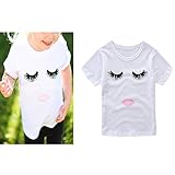 Liebeye 親子お揃い服 赤ちゃんジャンプスーツ　母親半袖　Tシャツ　綿　汗吸収　リップと目のパターン ガールズTシャツ 110