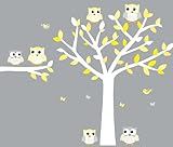 Childrens壁デカール、ホワイトツリー壁デカール、フクロウ壁デカール、フクロウステッカー Full Decal: Large Vinyl Tree イエロー 6FATOWLS_yellowgra