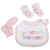 赤ちゃん・ベビー アイ・ラブ・マミー/ダディー I Love Mummy/Daddy ベビー用品 3点ギフトセット スタイ・ミトン・ソックス (ワンサイズ) (ピンク/ホワイト)