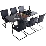 タンスのゲン ダイニング7点セット 【 伸長テーブル + チェア6脚 】 幅140-180×90cm 6人掛け 鏡面 強化ガラス モダン カンティレバーチェア PUレザー ブラック 53100015 00